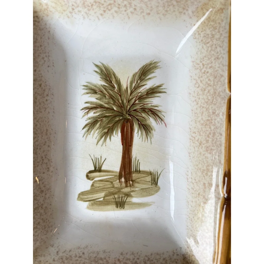 Today's Living Palm Tree Divided Serving Tray Faux Bamboo Ceramic Platter